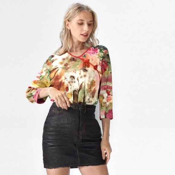 Floral Chinese Tang Style Blouse Y2K Asian Top Frog Button Neckline 34 Sleeves - Picture 4 of 10